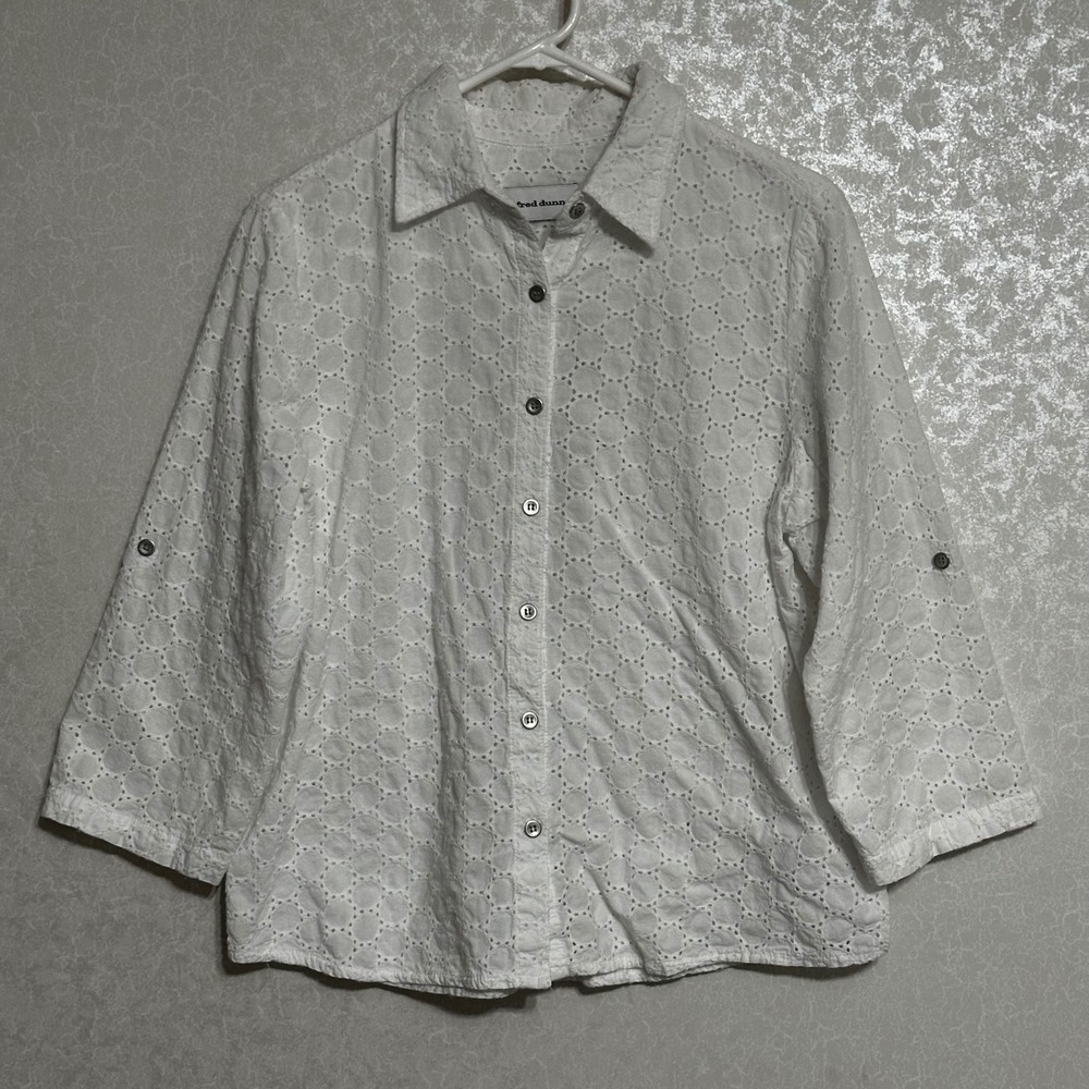 Alfred Dunner White Eyelet Cotton Button Down Shirt 3/4 Sleeve Cottagecore Sz 12